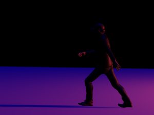 2018 3D experiment, Bob walking over a dark red and blue plane (3D, VR) (foto by J.Rullhusen)